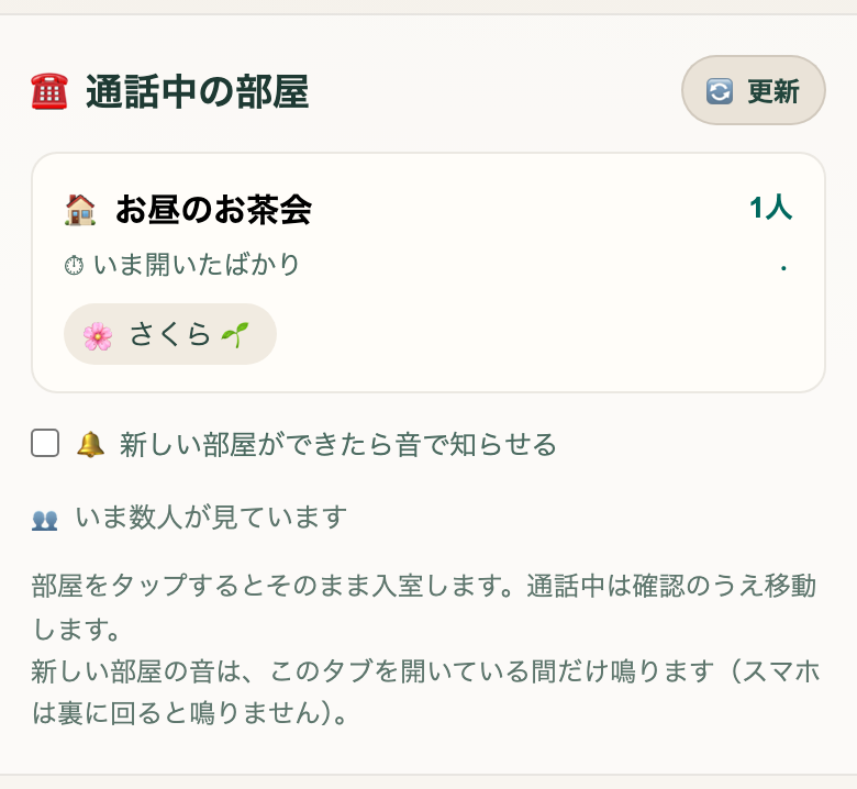 ☎️ 通話中の部屋。いま人がいる部屋が並ぶ